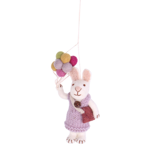 White Felt Bunny Girl w/Lavender Dress and Balloons (21714)