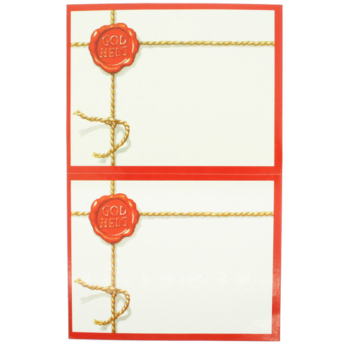 Two rows of red-bordered gift tags with gold rope and red wax seals reading "GOD HELG.