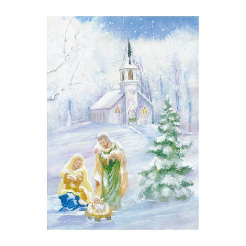 Watercolor Christmas card featuring a snowy church, nativity scene, and pine tree.