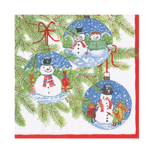 Caspari paper napkin featuring holiday illustrations of blue snow globe ornaments and snowmen on pine branches.