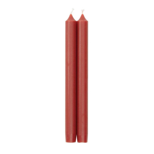 Two rust-orange taper candles with crown-shaped tops side-by-side on a white background.