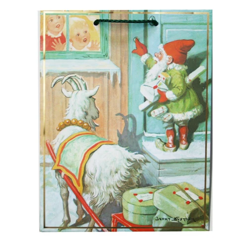 Vintage Christmas gift bag featuring Jenny Nystrom illustration of a Tomte, goat, and children.