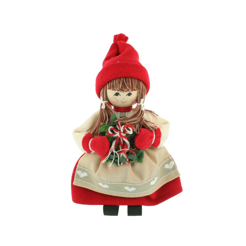 Fabric tomte girl figurine in red hat and dress, holding a green and red wreath.
