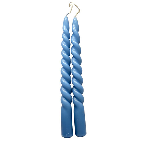 Two Nordic blue twisted taper candles with connected wicks, viewed vertically.