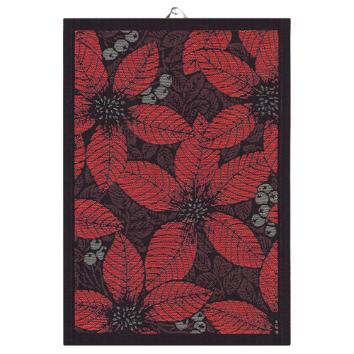 Red and black woven cotton Christmas flower tea towel with white berries, hanging loop.