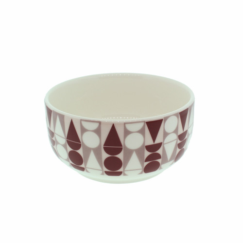 Ceramic breakfast bowl with geometric elf parade print in maroon and white.