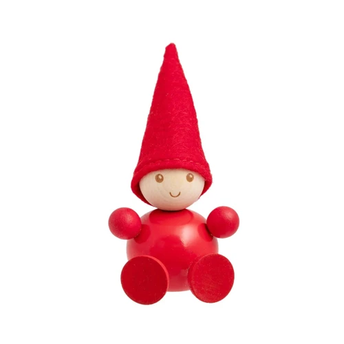 A red wooden Aarikka Tonttu Christmas elf sitting figure with a tall felt hat.