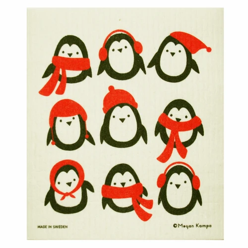 Swedish dishcloth featuring nine illustrated penguins with red winter accessories on a cream background.