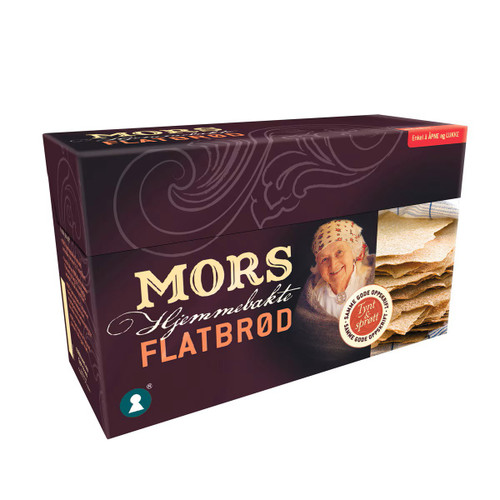 A dark purple box of Mors Hjemmebakte Flatbrød with an elderly woman graphic and flatbread stack.