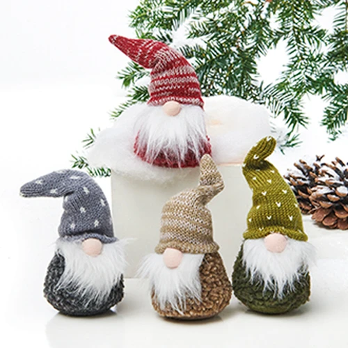 Four knit gnomes in red, gray, brown, and green with white beards.