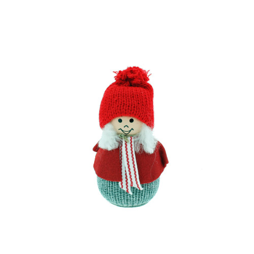 A 3.5-inch Swedish tomte girl figurine wearing a red knit hat, red cape, and teal textured base.