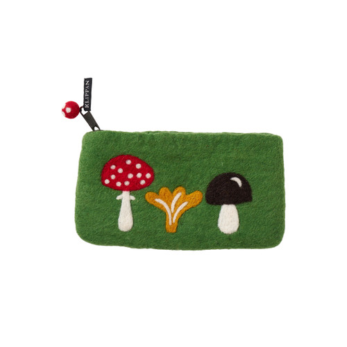 Green felt coin purse with a mushroom motif and zipper pull.