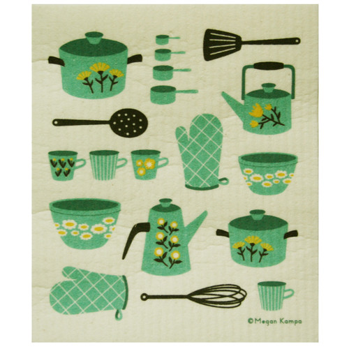 Teal retro kitchen motif Swedish dishcloth with yellow floral pots and utensils.