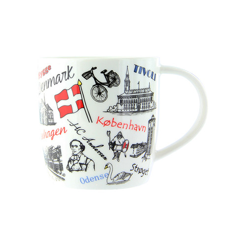 White ceramic mug featuring black, red, and blue illustrations of Danish icons and text.