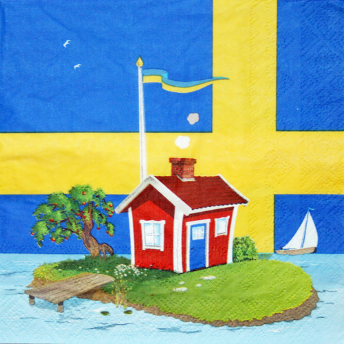 Swallings Sverigestugan paper napkin with a red cabin on an island and Swedish flag background.
