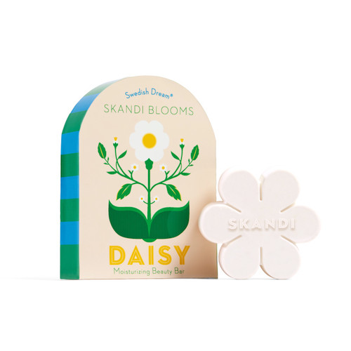 Kalastyle Swedish Dream Skandi Daisy soap bar beside its matching box with green and yellow flower art.