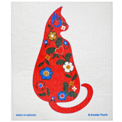 Red Swedish dishcloth featuring folk-art Dala cat graphic with floral patterns and a bird.