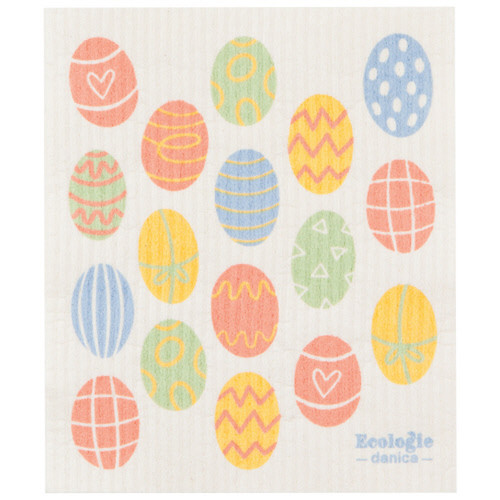 Easter egg-printed Swedish dishcloth. Pastel-colored eggs with various designs on a cream background.