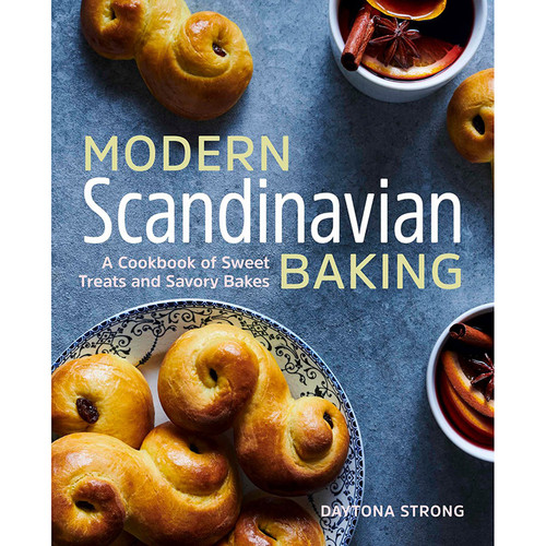 Cookbook cover featuring baked pastries, mugs of spiced drink, and text Modern Scandinavian Baking.