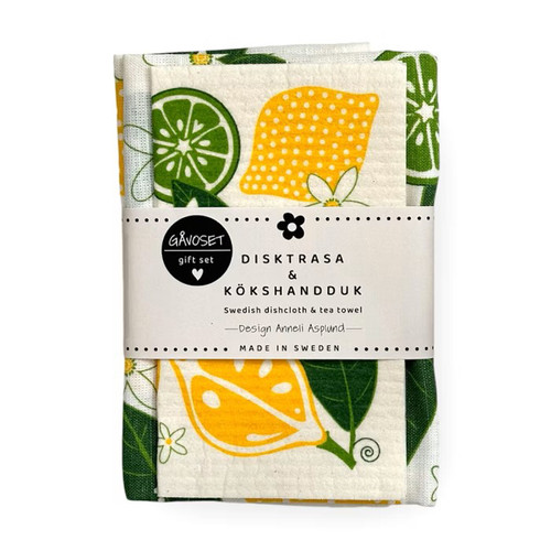 A bundled gift set of a Swedish dishcloth and tea towel featuring a vibrant green and yellow lemon pattern.