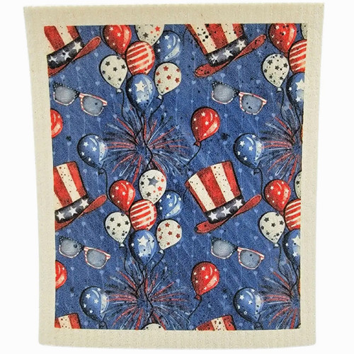 Patriotic Swedish dishcloth with Uncle Sam hats, red-white-blue balloons, and fireworks on blue.