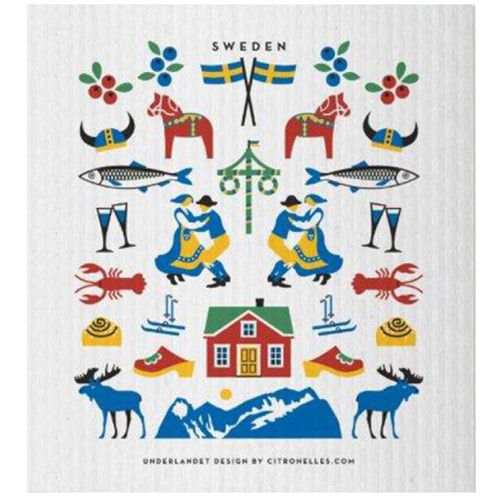 White dishcloth with colorful Swedish folk art: red horses, flags, dancers, and more.