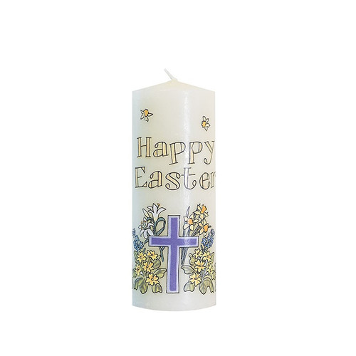 White pillar candle with "Happy Easter" and a purple cross with flowers.
