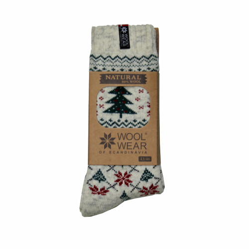Ash-grey wool socks with a Christmas tree pattern, in a brown cardboard sleeve.