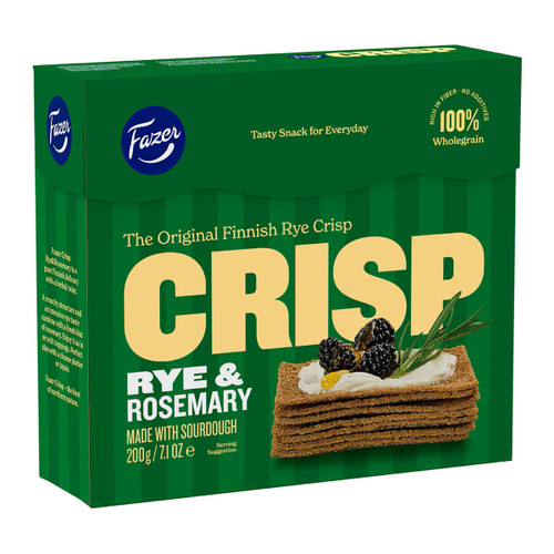 Green Fazer Rye & Rosemary crispbread box, with a stack of crisps topped with cream, blackberries, and rosemary.