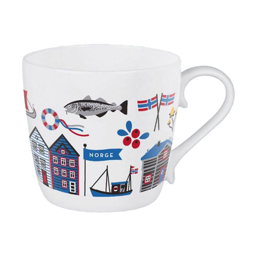 White porcelain mug with Norwegian icons: fish, houses, boats, flags, and berries.