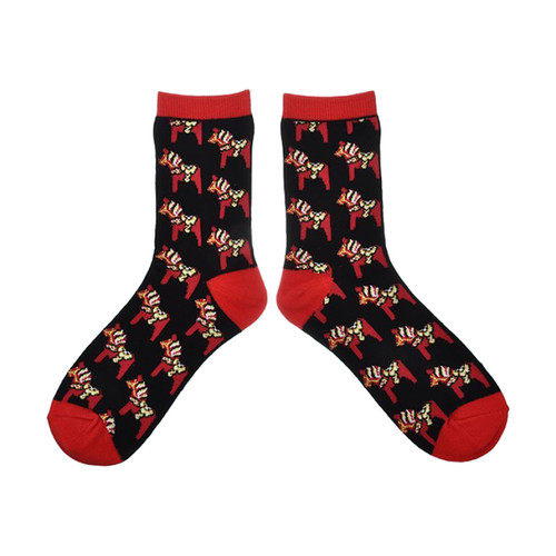 Black crew socks with red accents and a repeating red Dalahorse pattern.