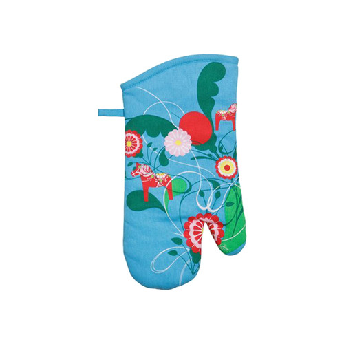 Light blue oven mitt with red Dalahorse and Kurbits flower design; cotton exterior, polyester filling.