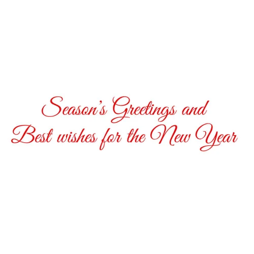 Red cursive interior message text: Season's Greetings and Best wishes for the New Year on white background.