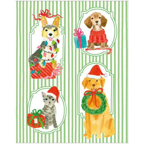 Watercolor Christmas cards featuring dogs and a cat with holiday decor on green stripes.