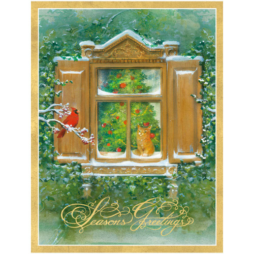 A Christmas card featuring an orange cat in a snowy window and a red cardinal.
