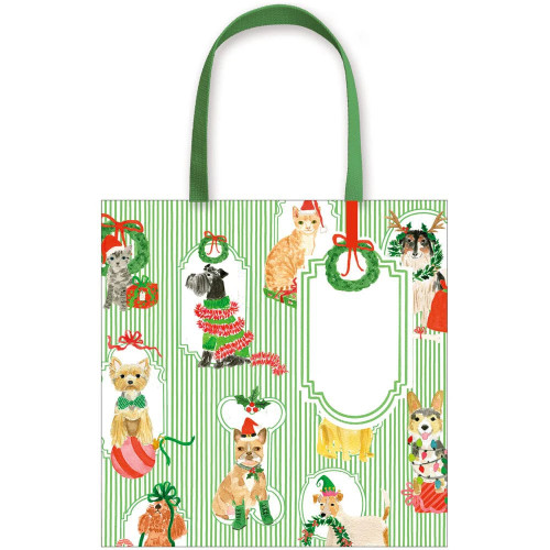 Green striped gift bag featuring watercolor holiday cats and dogs with green fabric handles.