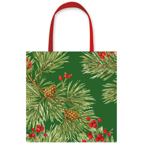 Small dark green gift bag with pine branches, pinecones, and red berries pattern, with red handles.