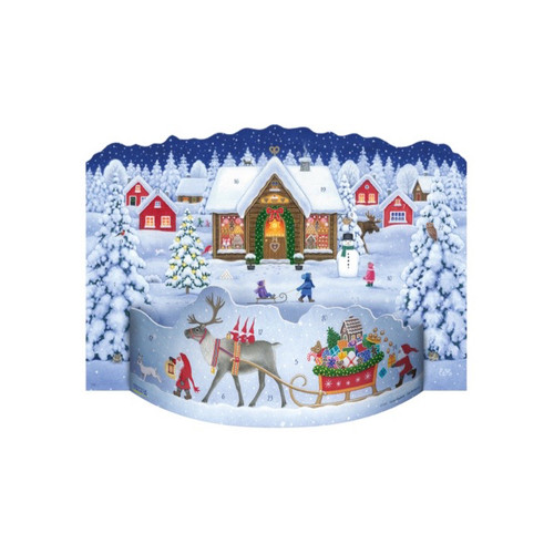 3D pop-up Christmas advent calendar with snowy Swedish village scene, reindeer, and elves in blue and red.