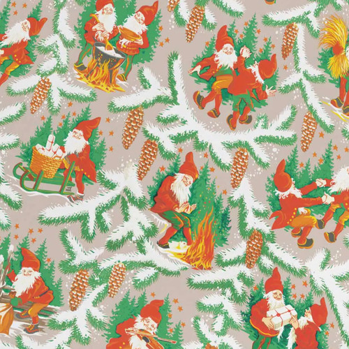 Christmas wrapping paper with repeating pattern of gnomes, pine trees, and pinecones; red, green, and white on a gray