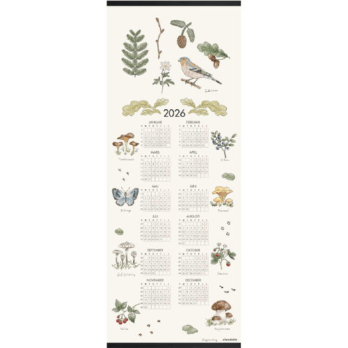 Fabric wall calendar with nature illustrations and 2026 monthly grids.