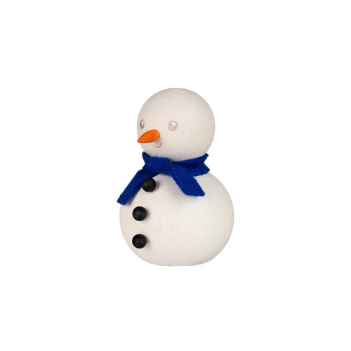 Wooden snowman figure with blue scarf, orange nose, and black buttons.