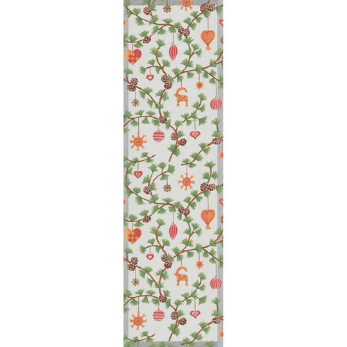 Christmas-themed table runner; cream background, green branches, red/orange ornaments, gray border.
