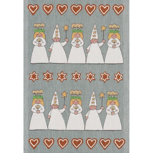 Ekelund grey cotton kitchen towel with woven rows of Lucia figures, hearts, and stars.