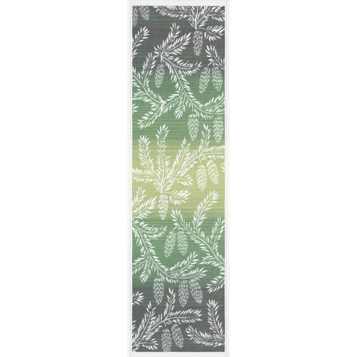 Ekelund organic cotton table runner with a green-to-grey gradient pine bough and cone pattern.