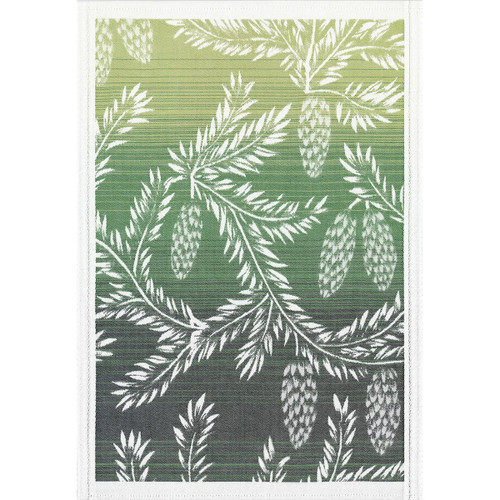 Organic cotton tea towel in green ombre with white pine branch and cone pattern.