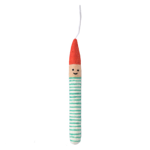 Felt pixie ornament, red hat, striped body, wool string, white background.