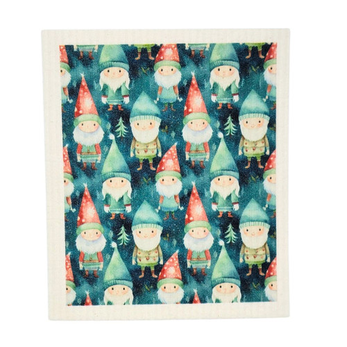 Christmas gnome patterned Swedish dishcloth, blue background, white border, gnomes with red and green hats.