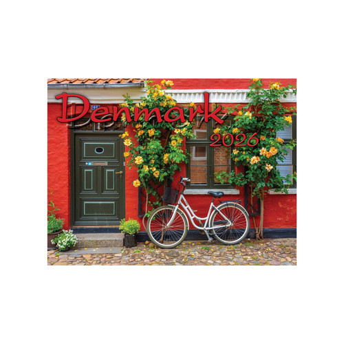 Red building with a green door, white bicycle, and yellow flowers; "Denmark 2026" text.