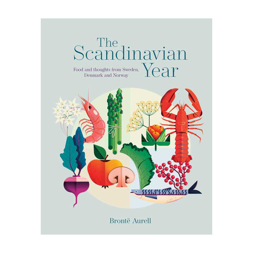 Hardcover book with colorful illustrations of food and the title "The Scandinavian Year".