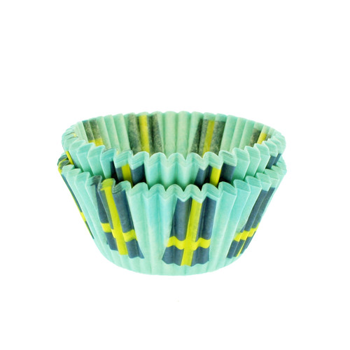 Two blue and yellow Swedish flag cupcake liners stacked, paper material, close-up.